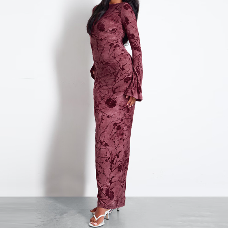 Enchanting Autumn Bloom Velvet Maxi Dress – Elegant Long Sleeve Backless Tie Gown