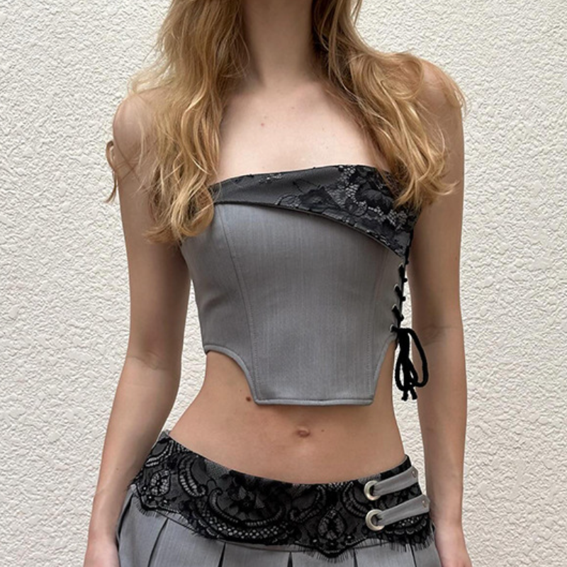 Asymmetrical Lace-Up Corset Tube Top - Edgy Fall Nights Out & Halloween Ready