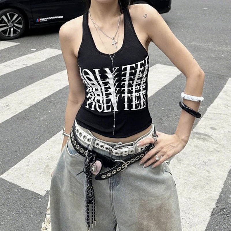 Edgy Y2K Grunge Letter Print Halter-Style Tank Top for Women - Fall Streetwear Essential