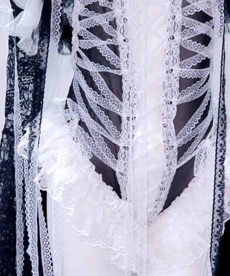 Gothic Glam Skeleton Ribcage Lace Bodysuit – Spooky Chic Halloween Ruffle Flare Sleeve Top