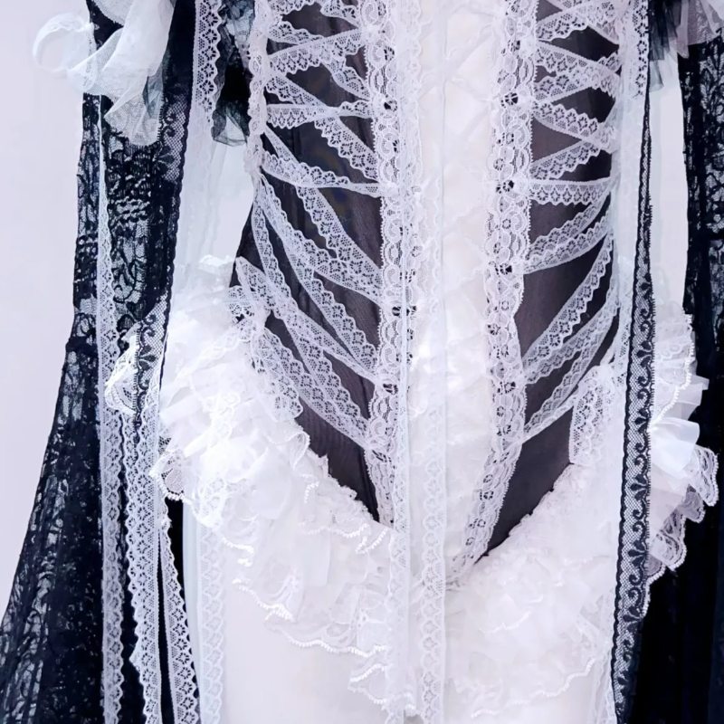 Gothic Glam Skeleton Ribcage Lace Bodysuit – Spooky Chic Halloween Ruffle Flare Sleeve Top