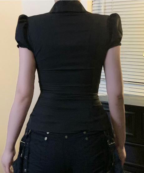 Autumn Edge: Women's Black V-Neck Puff Sleeve Button-Down Top with Leopard Accent