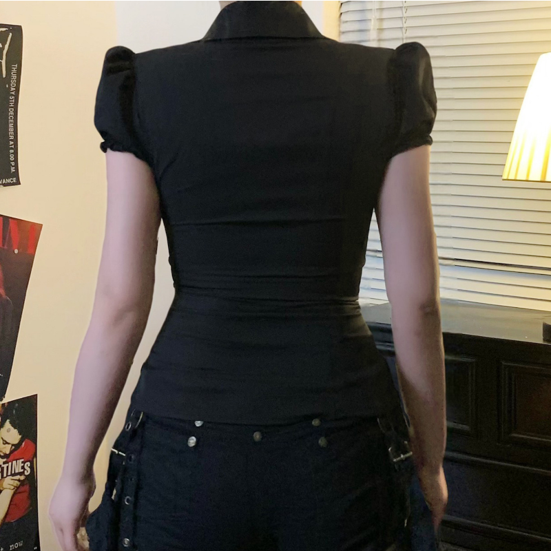 Autumn Edge: Women's Black V-Neck Puff Sleeve Button-Down Top with Leopard Accent