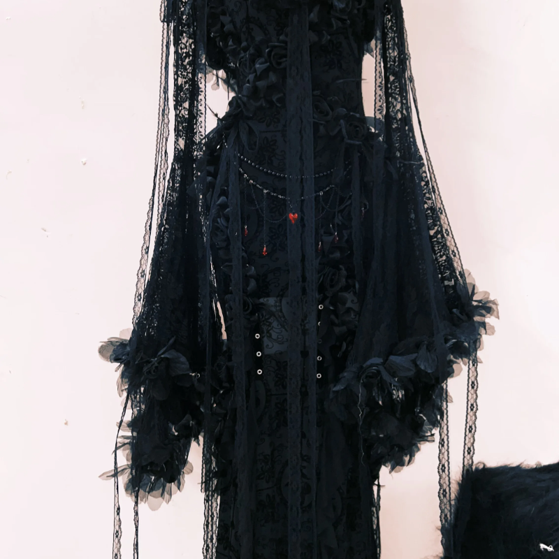 Bewitching Black Lace Bell Sleeve Maxi Gown - Ethereal Gothic Drama for Halloween & Fall Events