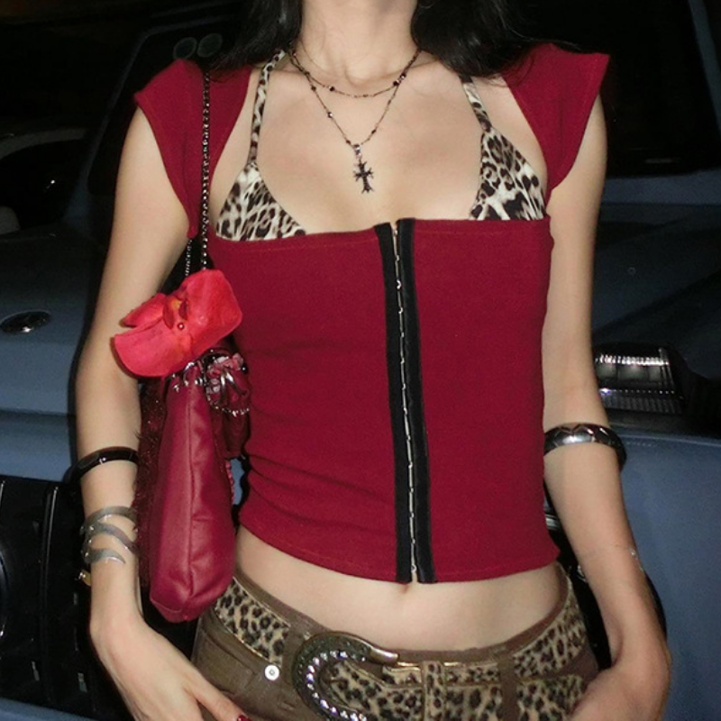 Fall Nights "It Girl" Deep Red Hook-Front Corset Crop Top