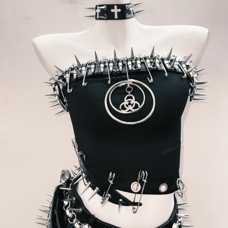 Fierce Spiked O-Ring Strapless Tube Top | Goth Punk Rave & Halloween Style