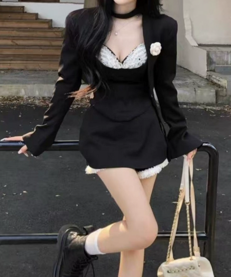 Chic Black & Lace 3-Piece Blazer & Mini Shorts Set - Perfect for Fall & Holiday Parties