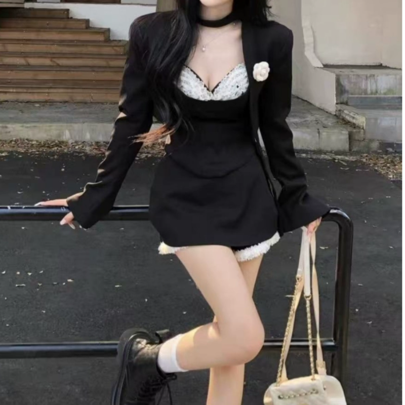 Chic Black & Lace 3-Piece Blazer & Mini Shorts Set - Perfect for Fall & Holiday Parties