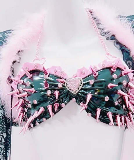 Spiked Siren: Pink Fur & Lace Lingerie Set with Robe - Your Ultimate Halloween & Rave Statement