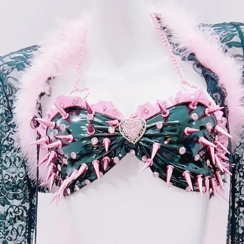 Spiked Siren: Pink Fur & Lace Lingerie Set with Robe - Your Ultimate Halloween & Rave Statement