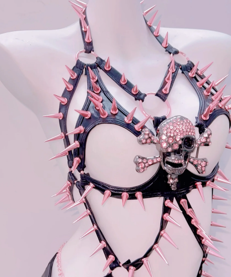 Pink & Black Spiked Skull Harness Top & Pleated Mini Skirt Set | Edgy Halloween, Rave & Alt Clubwear