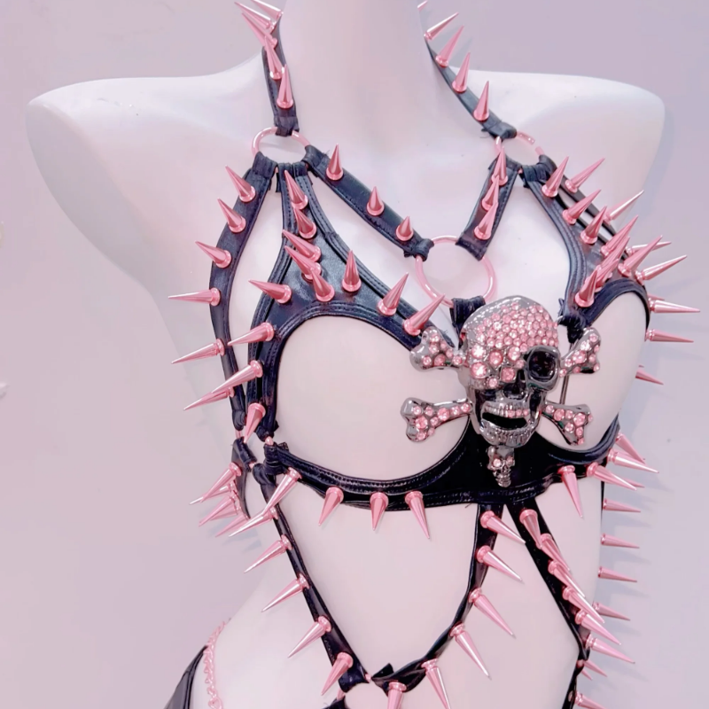 Pink & Black Spiked Skull Harness Top & Pleated Mini Skirt Set | Edgy Halloween, Rave & Alt Clubwear