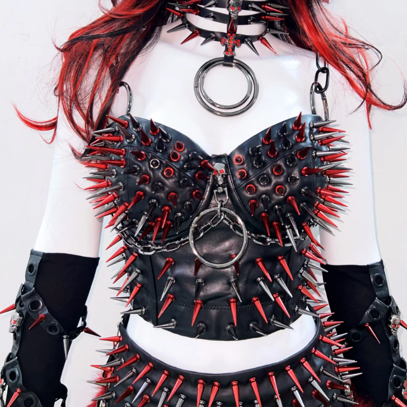 Unleash Your Inner Rebel: Fierce Red & Black Spiked Goth Rave Bustier for Halloween & Festivals
