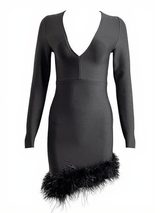 Nori Long Sleeve Feather Trimmed Bandage Dress In Black