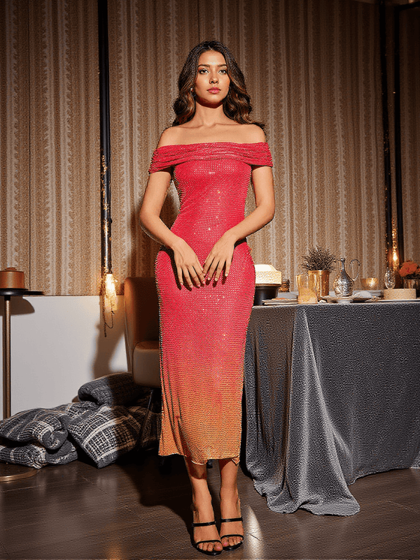 Bexley Off Shoulder Crystal Embellished Midi Dress In Orange