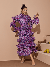 Elena Printed Ruffle Midi Dress In Purple