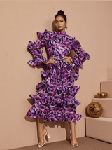 Elena Printed Ruffle Midi Dress In Purple