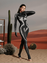 Radek Body Printed Rhinestone Gloves Jumpsuit In Silver