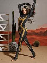 Radek Body Printed Rhinestone Gloves Jumpsuit In Gold