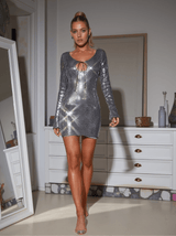 Eirlys Long Sleeve Sequin Mini Dress In Silver