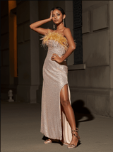 Laurell Strapless Feather Sequin Maxi Dress