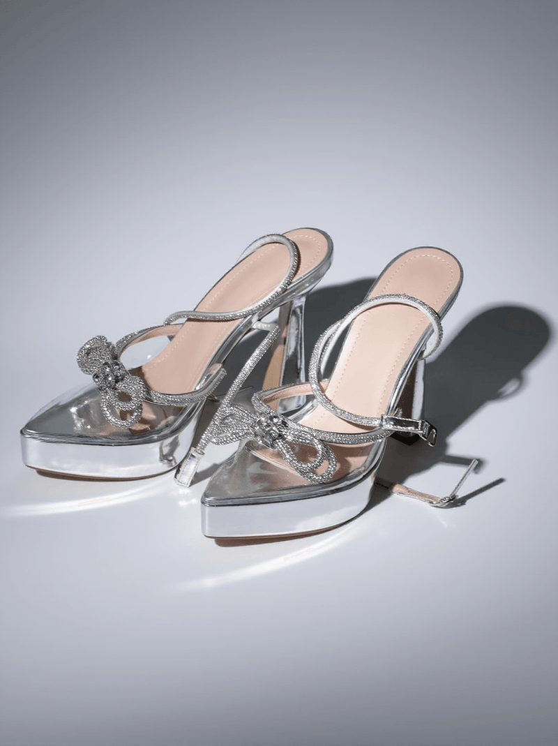 Anouk Bow Crystal Heels In Silver