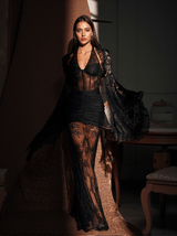 Malaz Halterneck Lace Maxi Dress With Gloves In Black