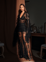 Malaz Halterneck Lace Maxi Dress With Gloves In Black