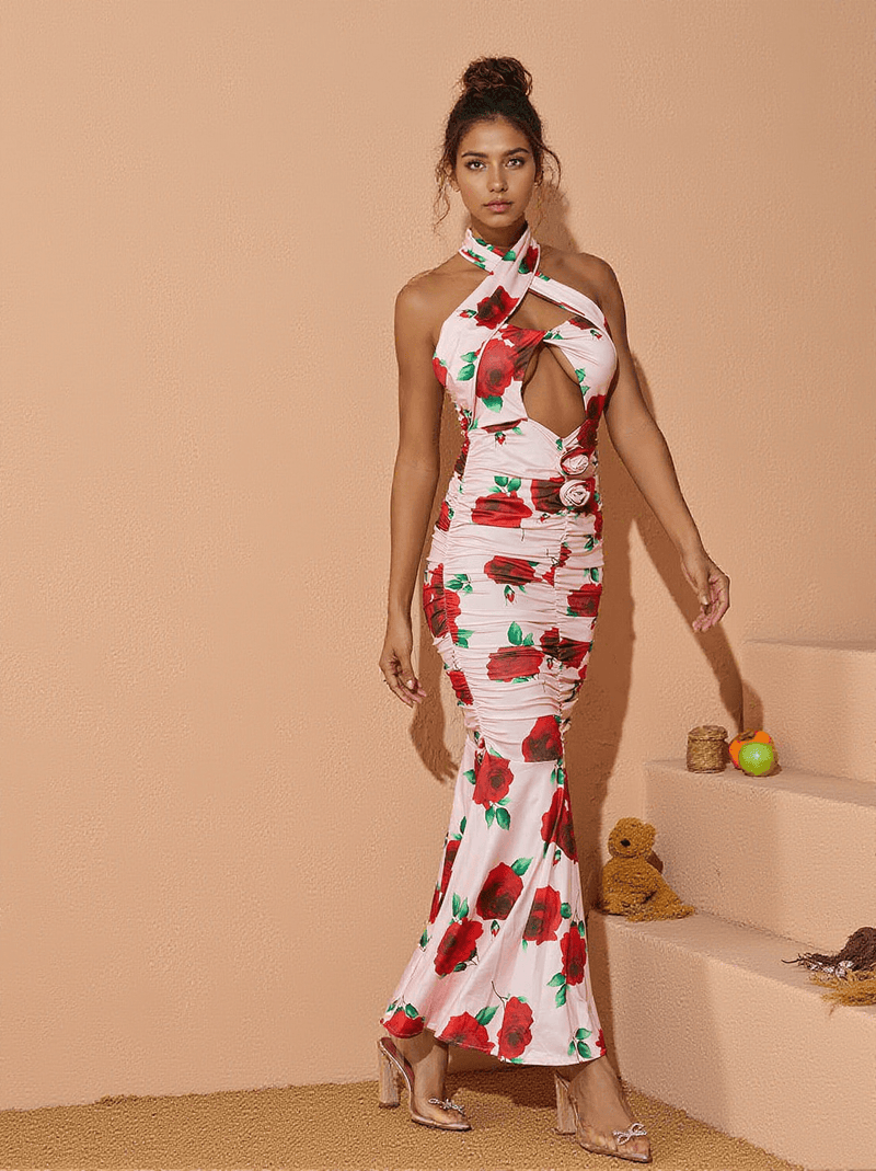 Charlotte Halterneck Rose Printed Maxi Dress