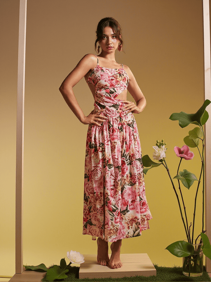 Acie Spaghetti Floral Print Midi Dress