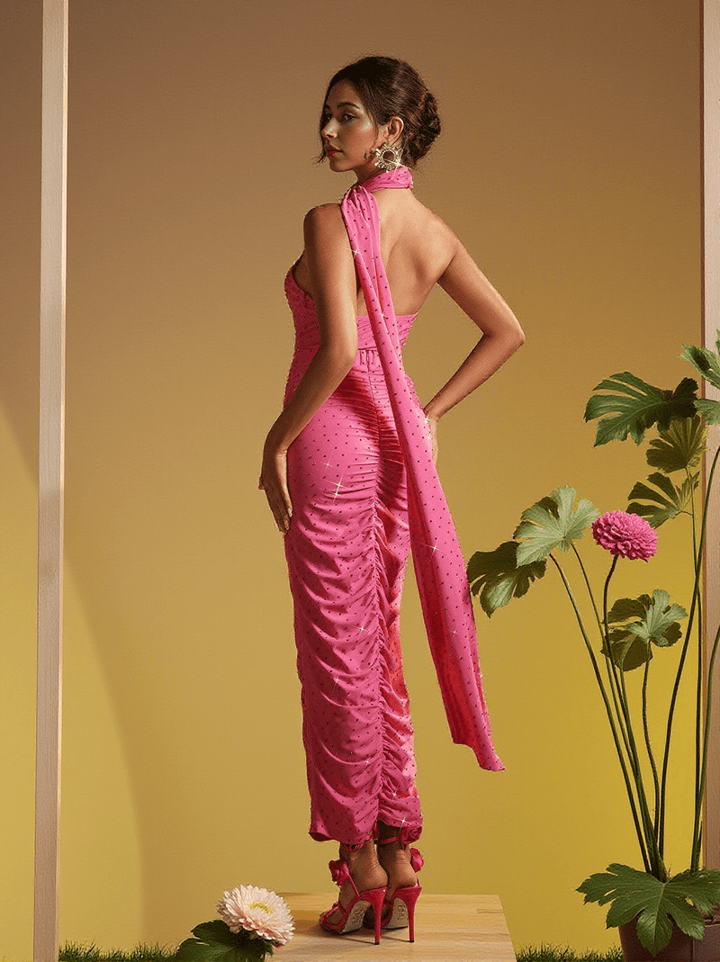 Jesiah Halterneck Crystal Draped Maxi Dress