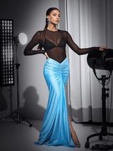 Tyndall Ruched Split Satin Skirt Set In Sky