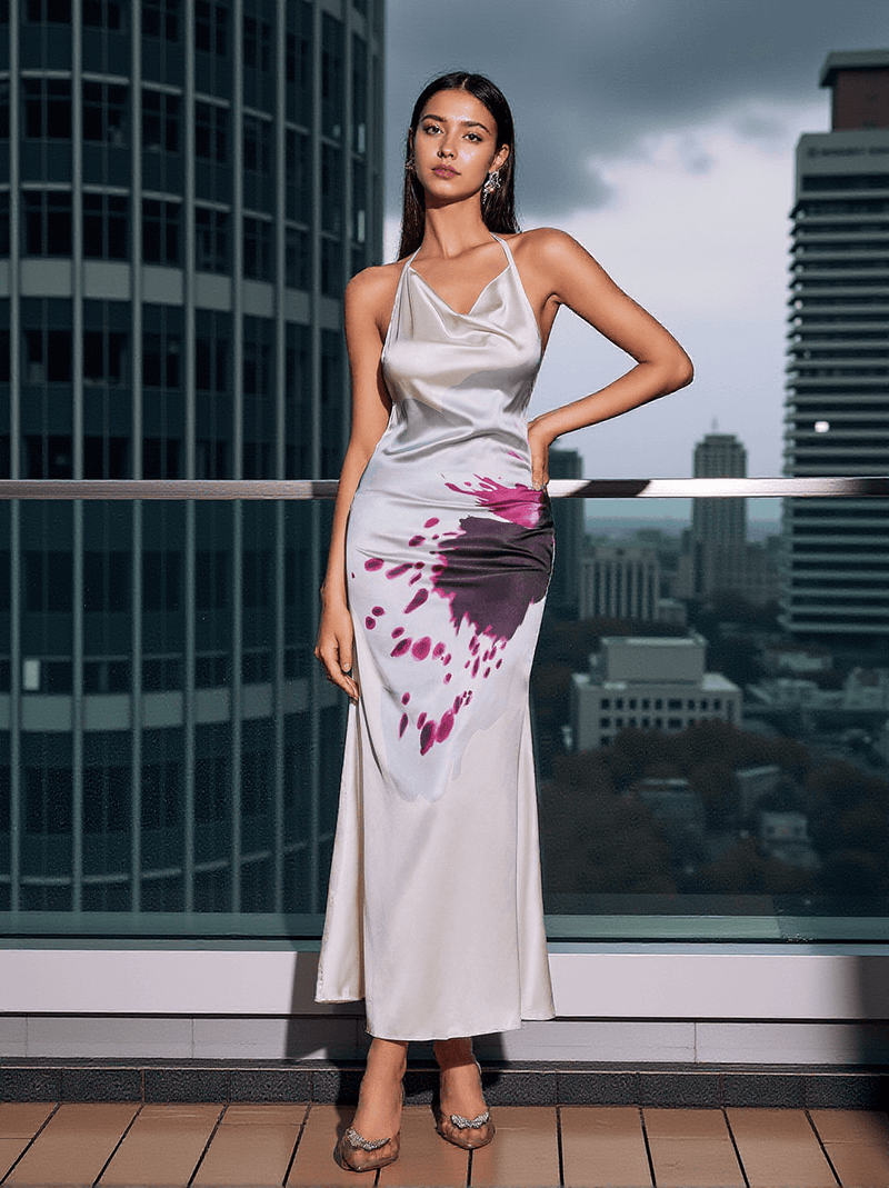 Fagor Backless Floral Satin Maxi Dress