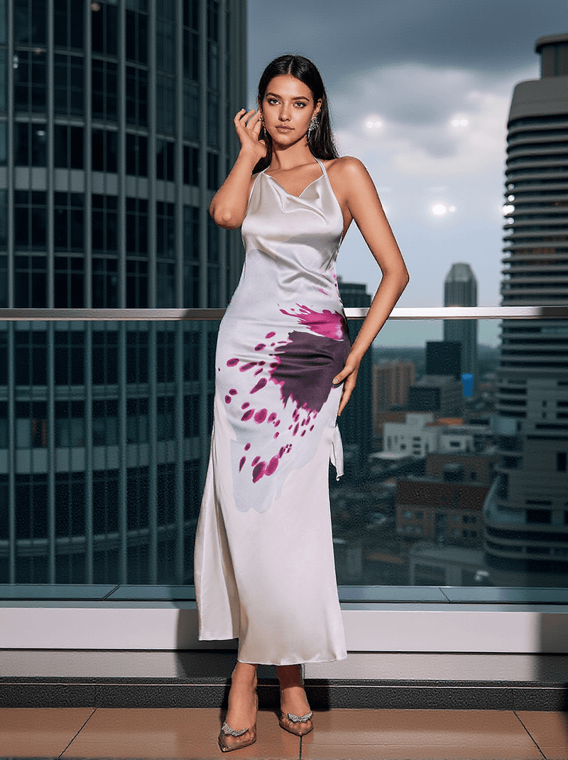 Fagor Backless Floral Satin Maxi Dress