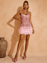 Austyn Tassel Feather Mini Dress In Pink