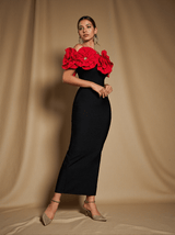 Creed Off Shoulder Flower Bandage Dress In Red