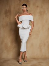 Augustus Off Shoulder Flounce Midi Dress In White