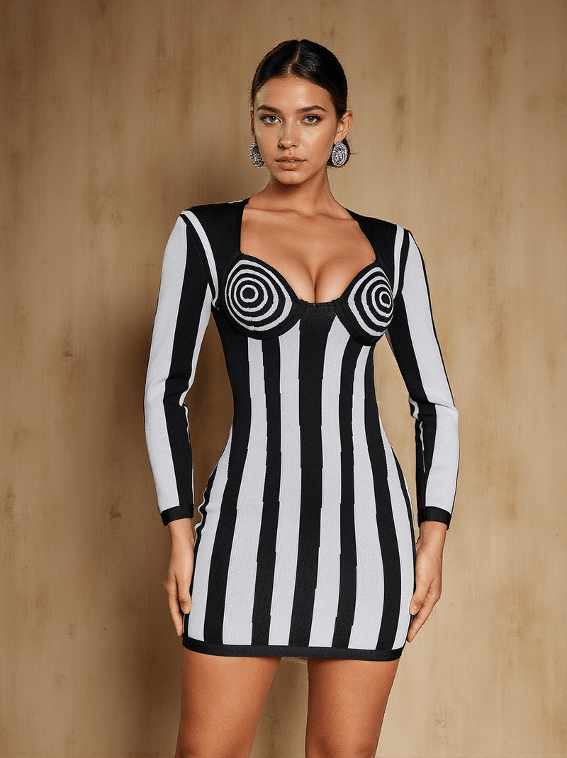 Nehir Long Sleeve Stripe Bandage Mini Dress