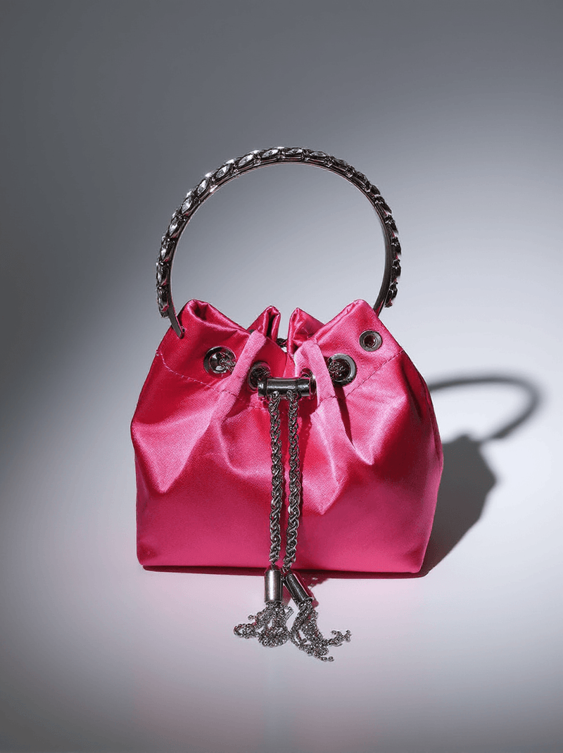 Mattea Satin Crystal Embellished Bucket Bag In Hot Pink