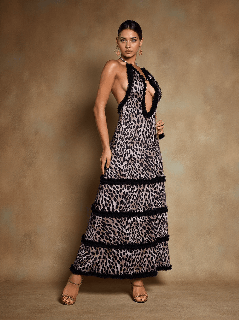 Suden Backless Tulle Corded Leopard Maxi Dress