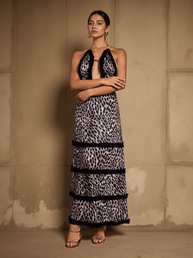 Suden Backless Tulle Corded Leopard Maxi Dress