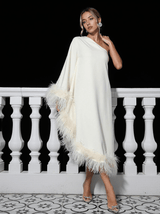 Ceridwen One Shoulder Feather Trimmed Midi Dress In White