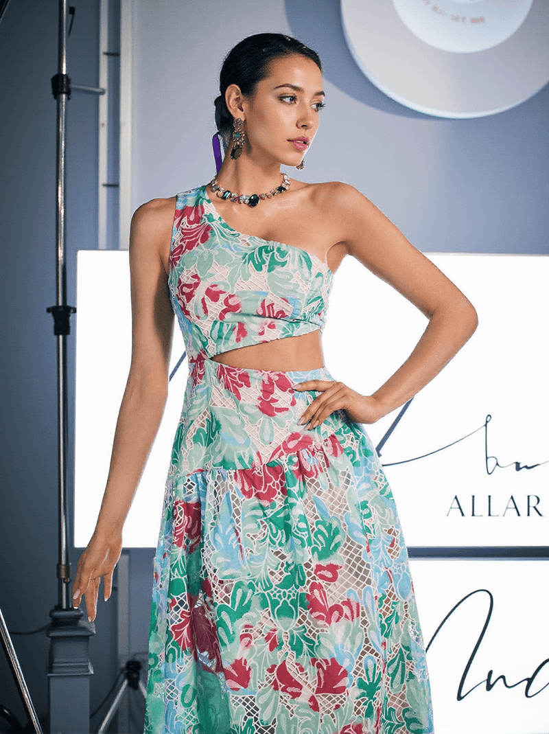 Habib One Shoulder Print Embroidered Dress