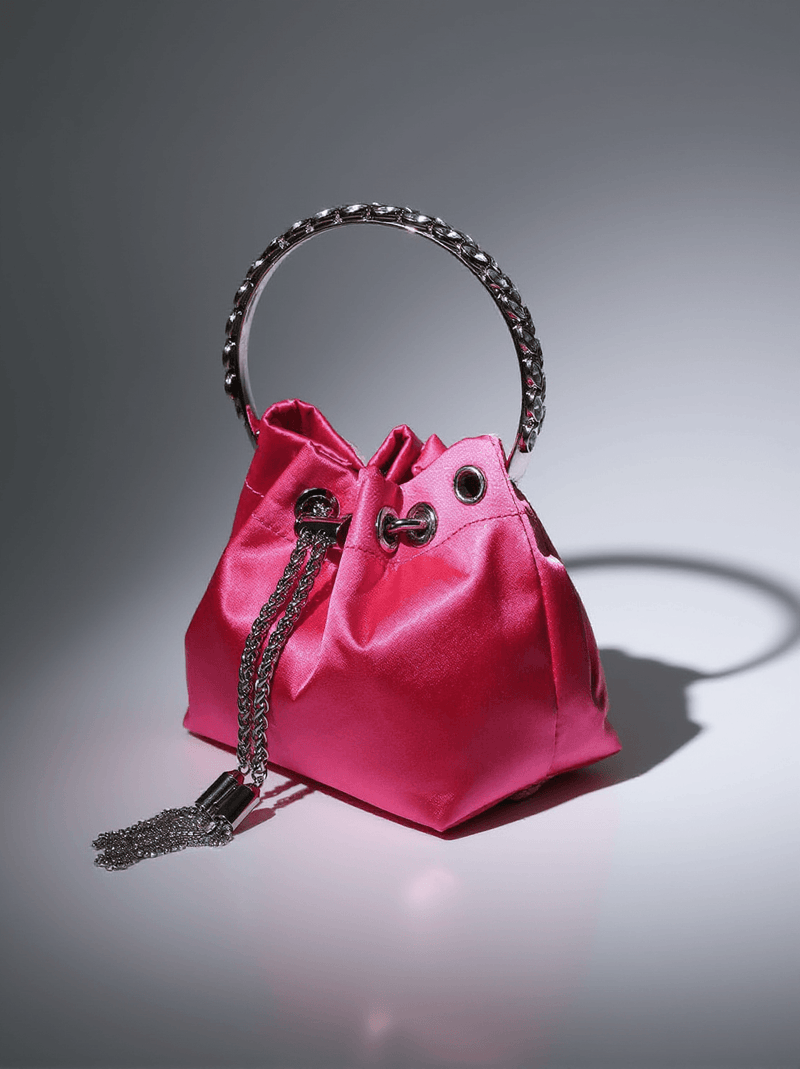 Mattea Satin Crystal Embellished Bucket Bag In Hot Pink