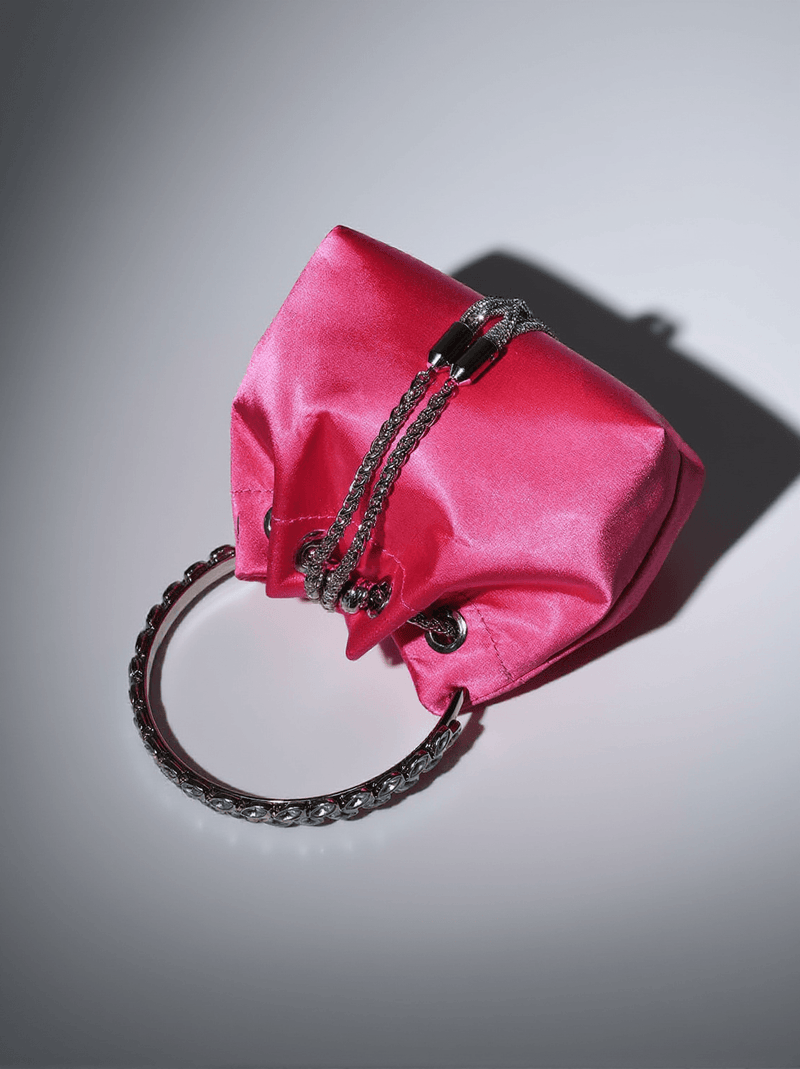 Mattea Satin Crystal Embellished Bucket Bag In Hot Pink