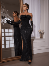 Inaki Corset Feather Sequin Maxi Dress With Gloves