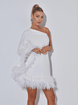 Ceridwen One Shoulder Feather Mini Dress In White