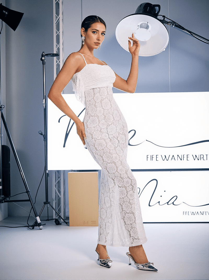 Zakai Spaghetti Ruched Lace Maxi Dress