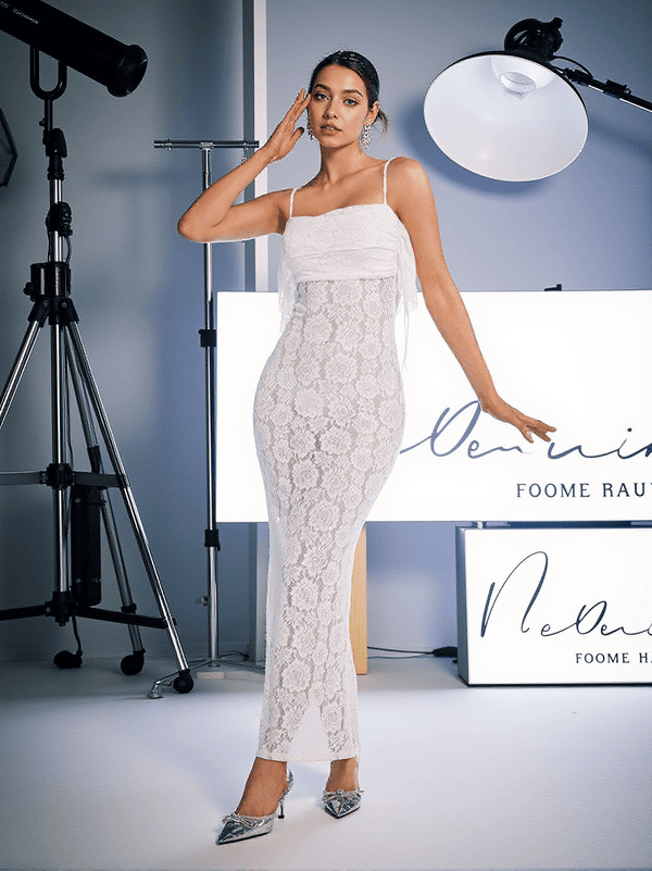 Zakai Spaghetti Ruched Lace Maxi Dress