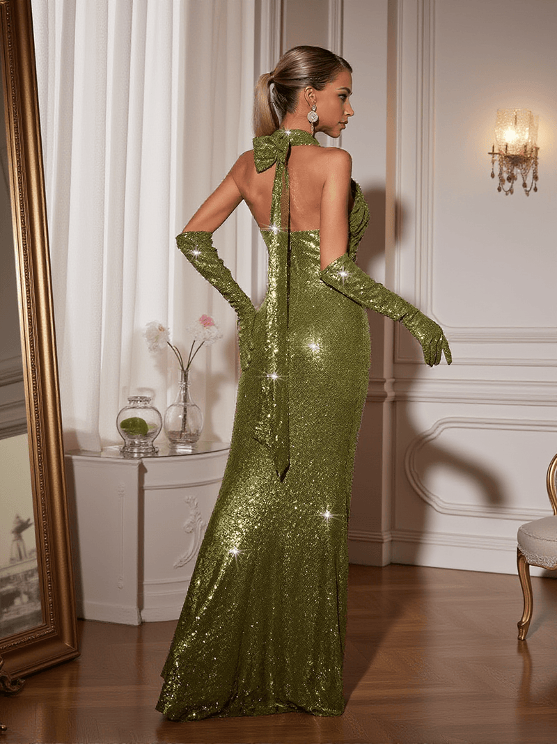 Elke Halterneck Sequin Maxi Dress With Gloves